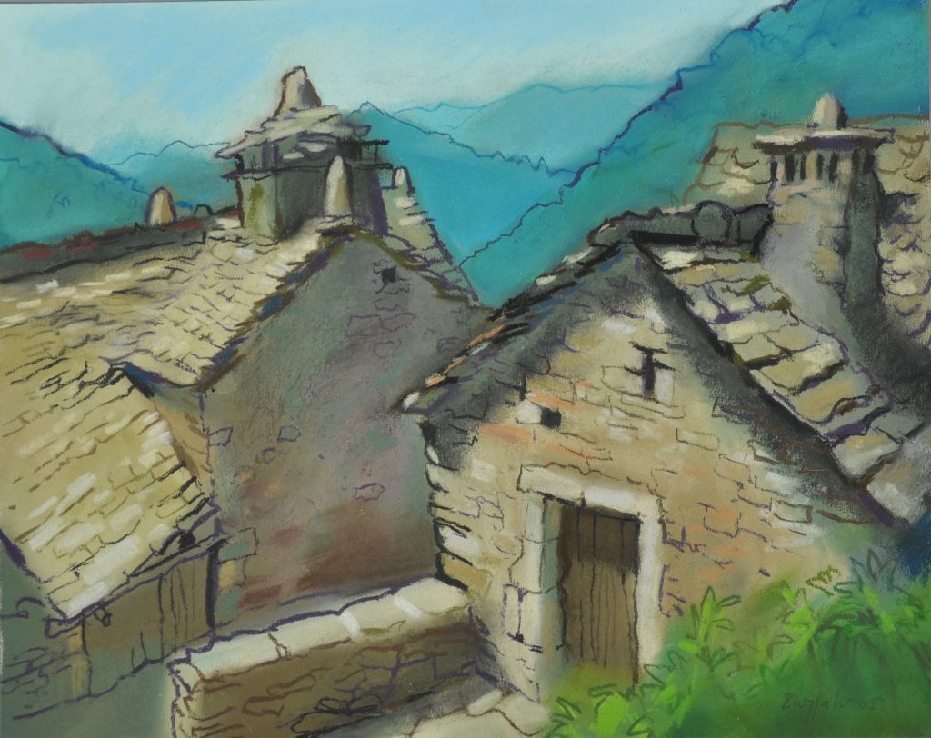 Pastell "Cevennen, Bergdorf" Hans-Jürgen Burggaller