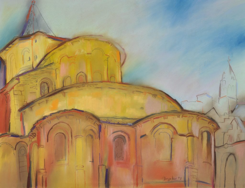Pastell "Conques, Südfrankreich, St.Foy Ostansicht" Hans-Jürgen Burggaller