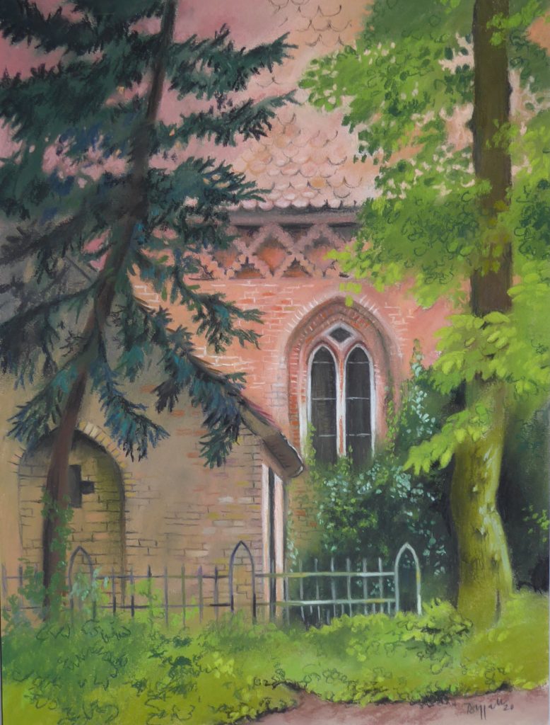 Pastell "Dorfkirche Klein-Machnow" Hans-Jürgen Burggaller