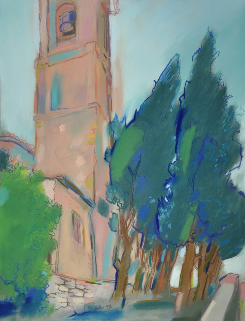 Pastell "Montescudaio, Toscana, Pinien vor der Kirche" Hans-Jürgen Burggaller