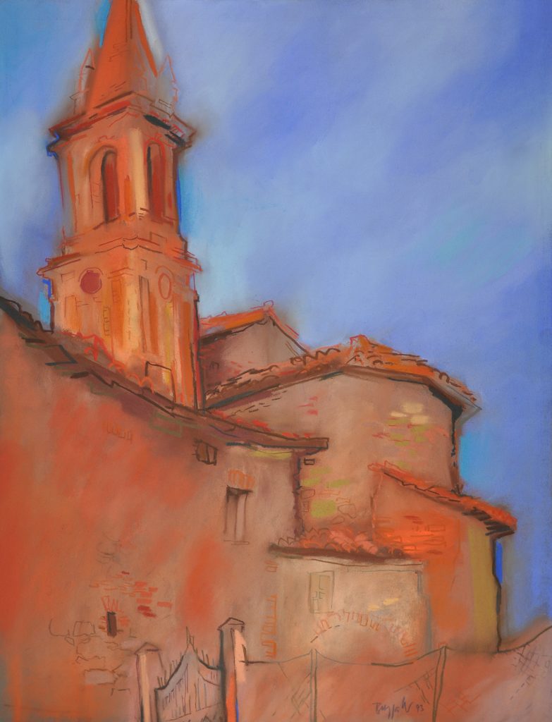 Pastell "Paciano, Umbrien, Kirche an der Stadtmauer III" Hans-Jürgen Burggaller