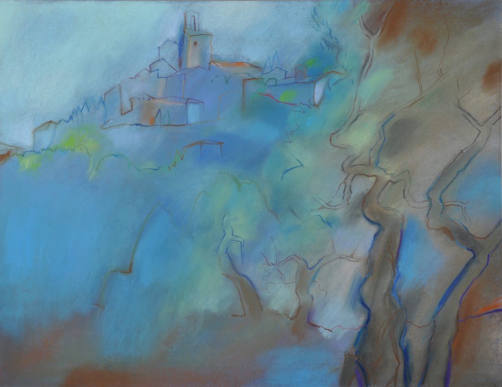 Pastell "Panicale, Umbrien, Stadtsilhouette hinter Oliven" Hans-Jürgen Burggaller