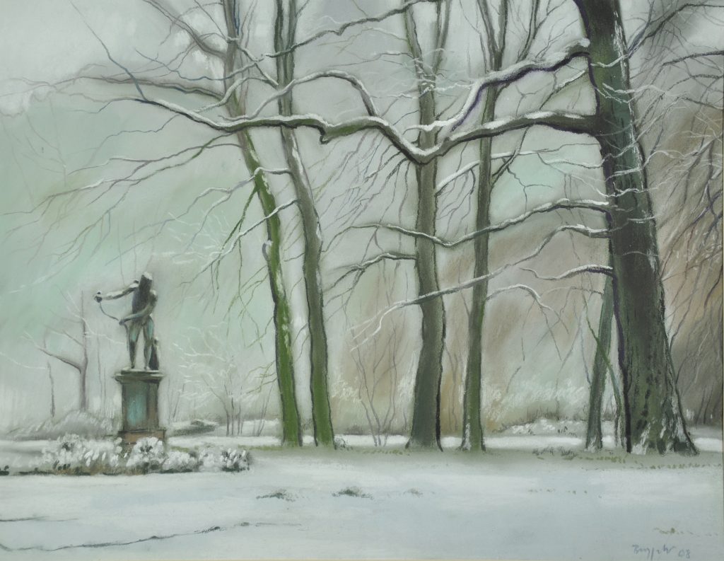 Pastell "Schlosspark Charlottenburg Amor im Schnee" Hans-Jürgen Burggaller