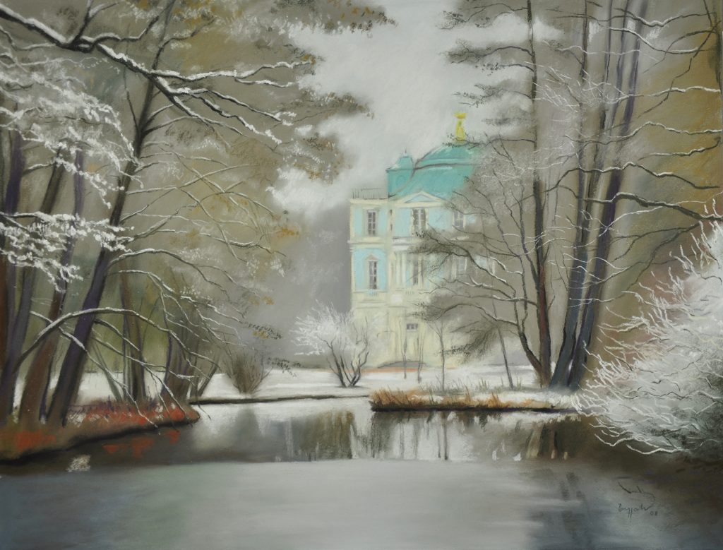 Pastell "Schlosspark Charlottenburg Belvedere mit Rauhreif" Hans-Jürgen Burggaller