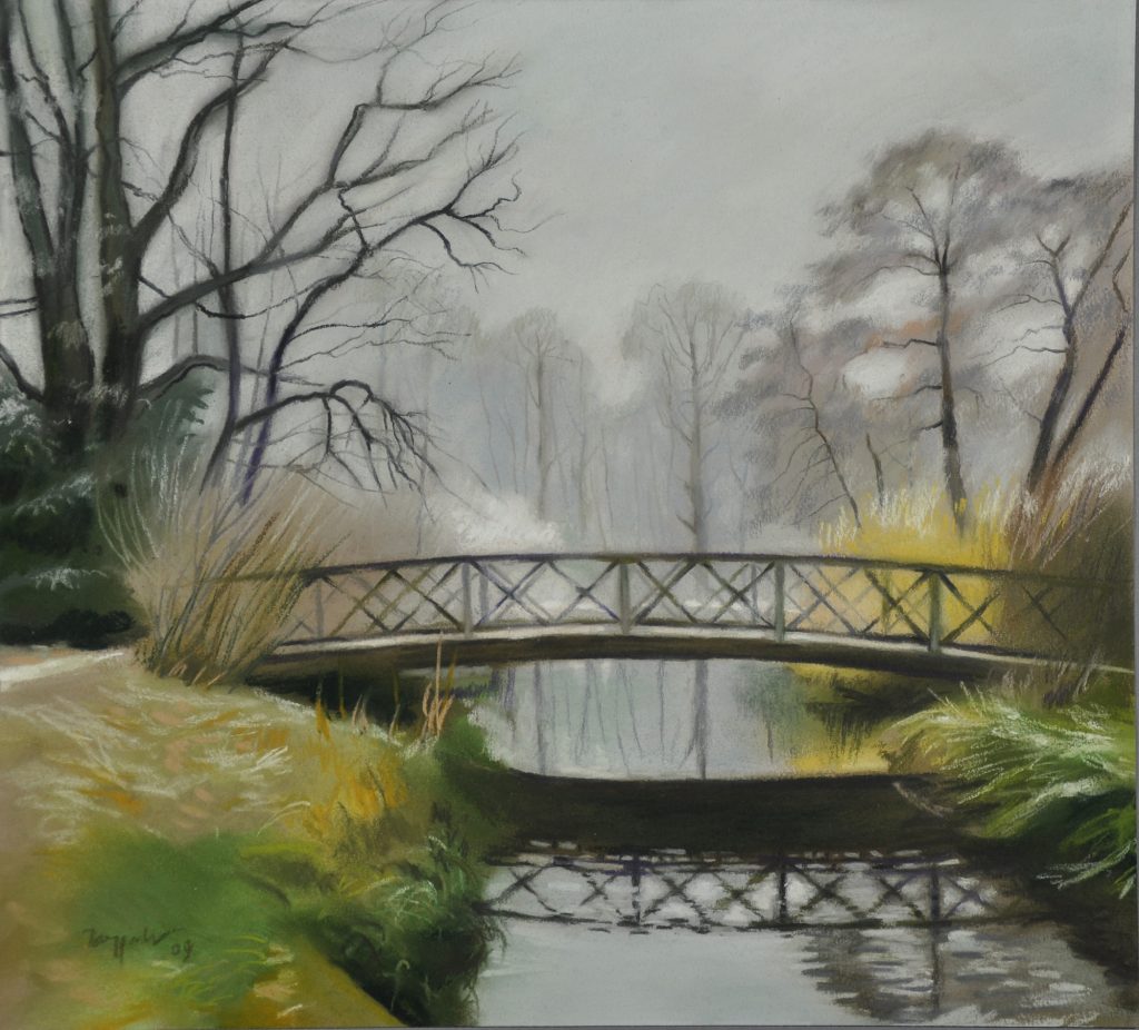 Pastell "Schlosspark Charlottenburg Brücke am Belvedere winterlich " Hans-Jürgen Burggaller