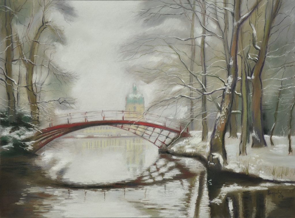 Pastell "Schlosspark Charlottenburg Hohe Brücke im Winter" Hans-Jürgen Burggaller